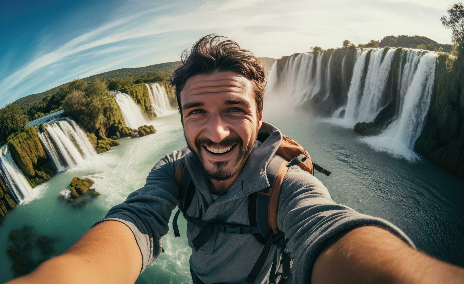 AI generated a guy taking a selfie in front of the waterfall photo
