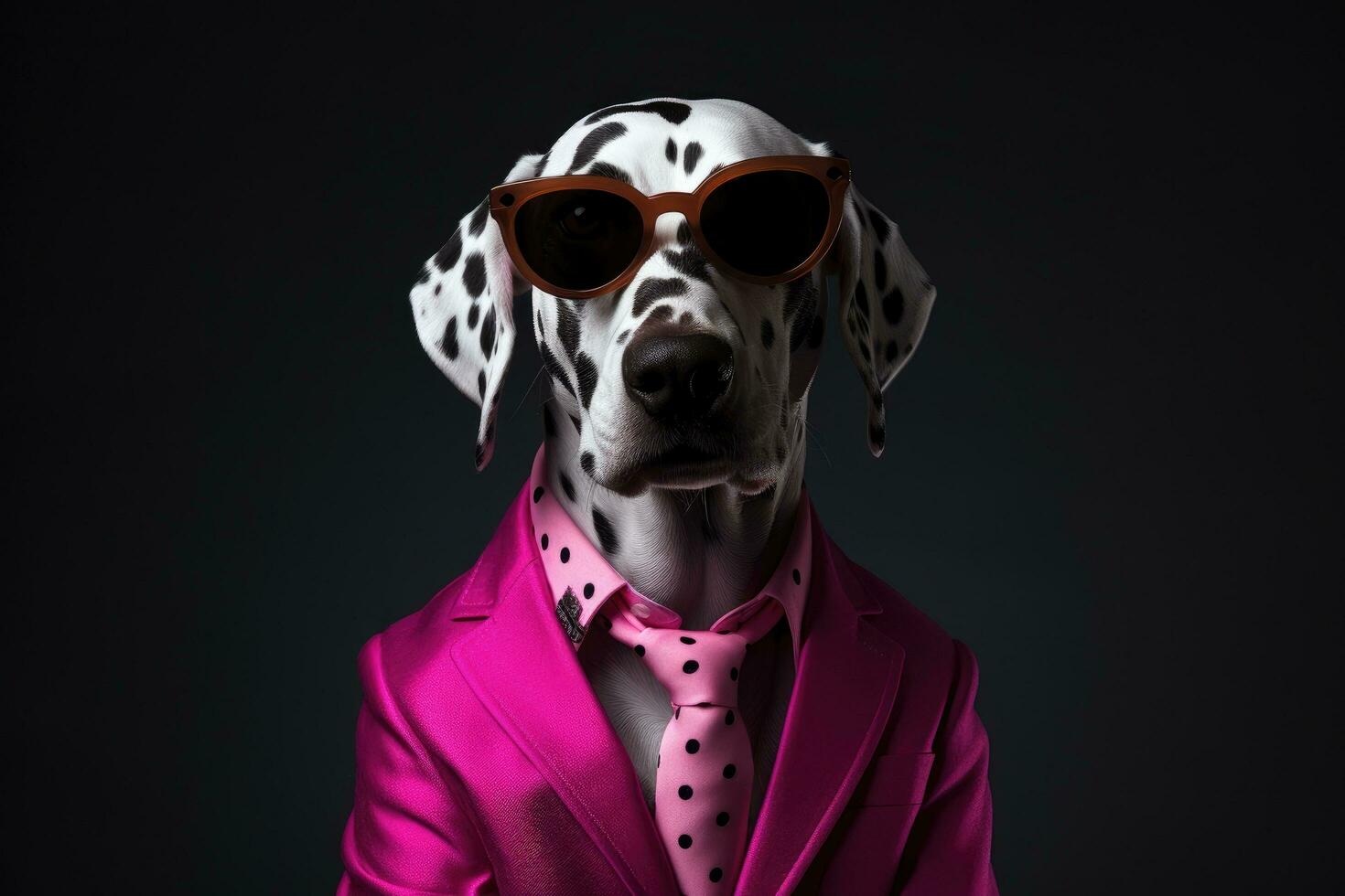 AI generated a dalmatian is wearing sunglasses and a pink and orange suit photo