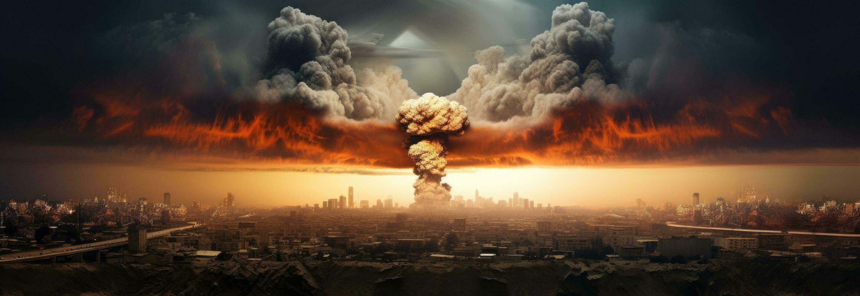 ai generado un ciudad y un nuclear explosión ese es conjunto terminado el cielo foto