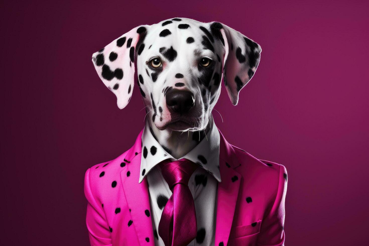 AI generated a dalmatian is wearing sunglasses and a pink and orange suit photo