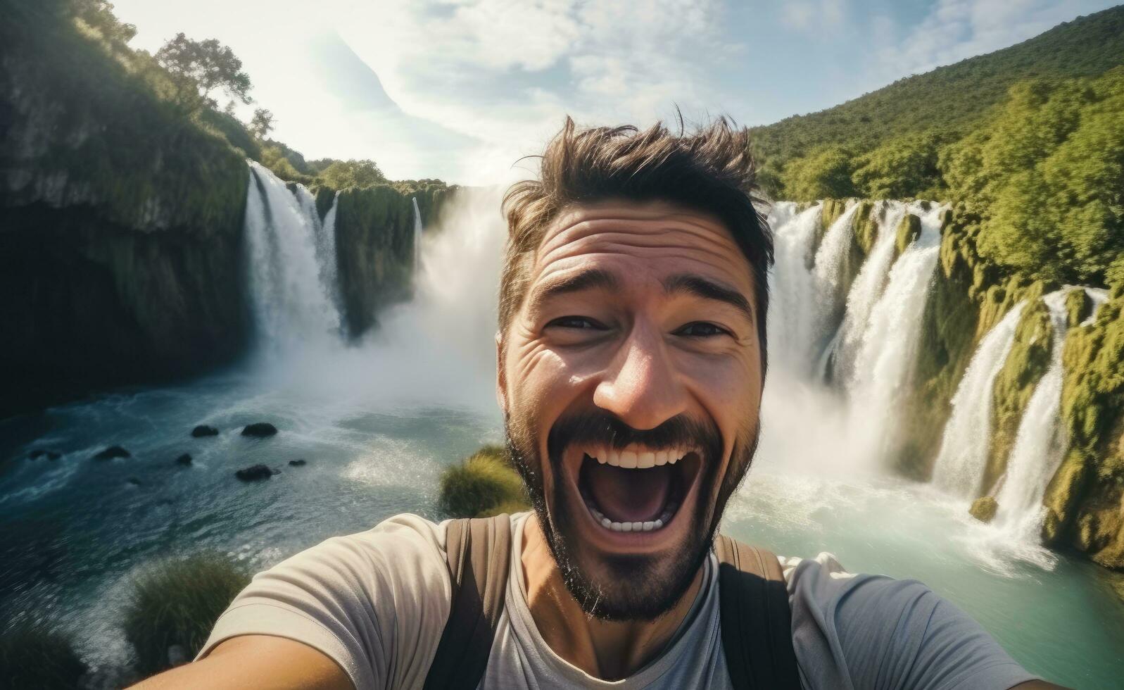 AI generated a man standing in front of a waterfall by himself photo