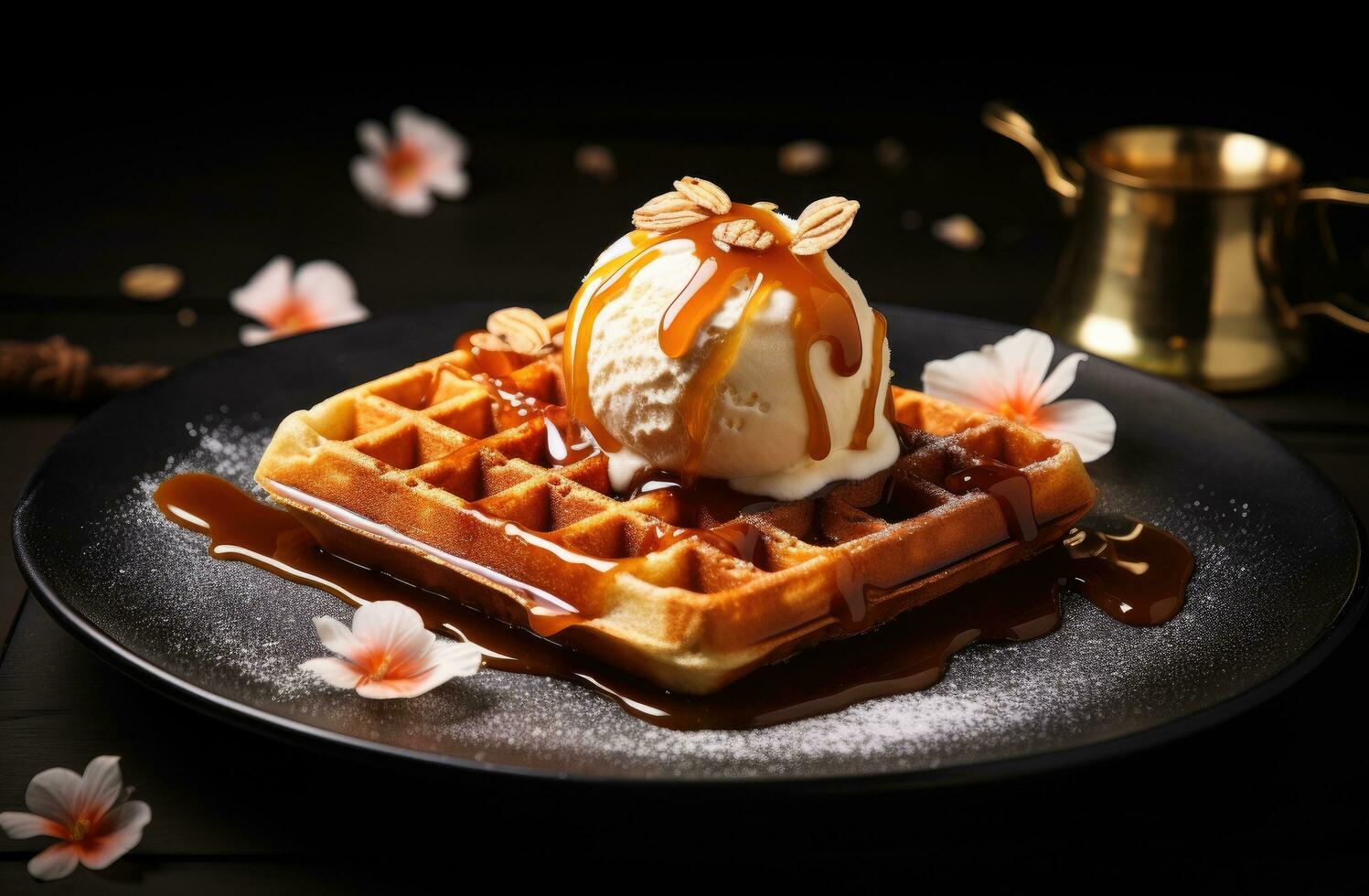 AI generated a dish of tshaped waffles with caramel and vanilla ice cream photo