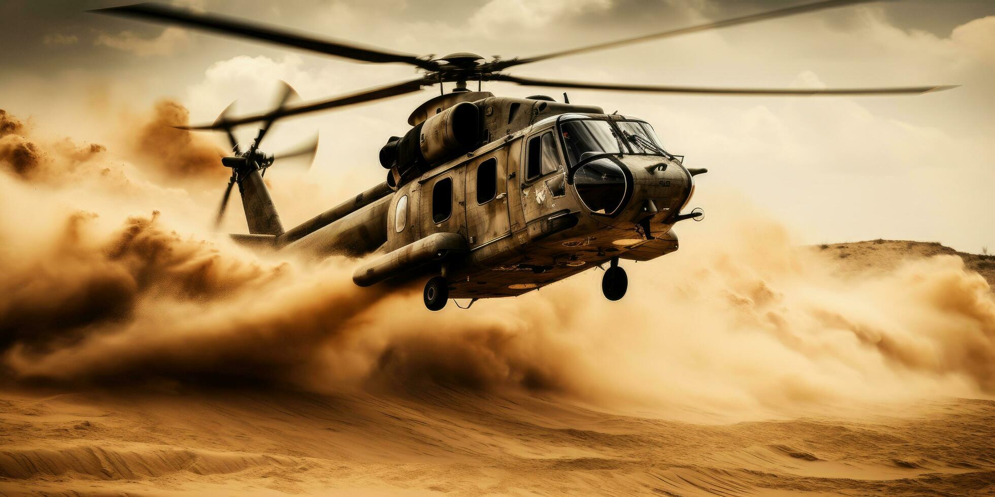 AI generated a military helicopter flying over the sand photo