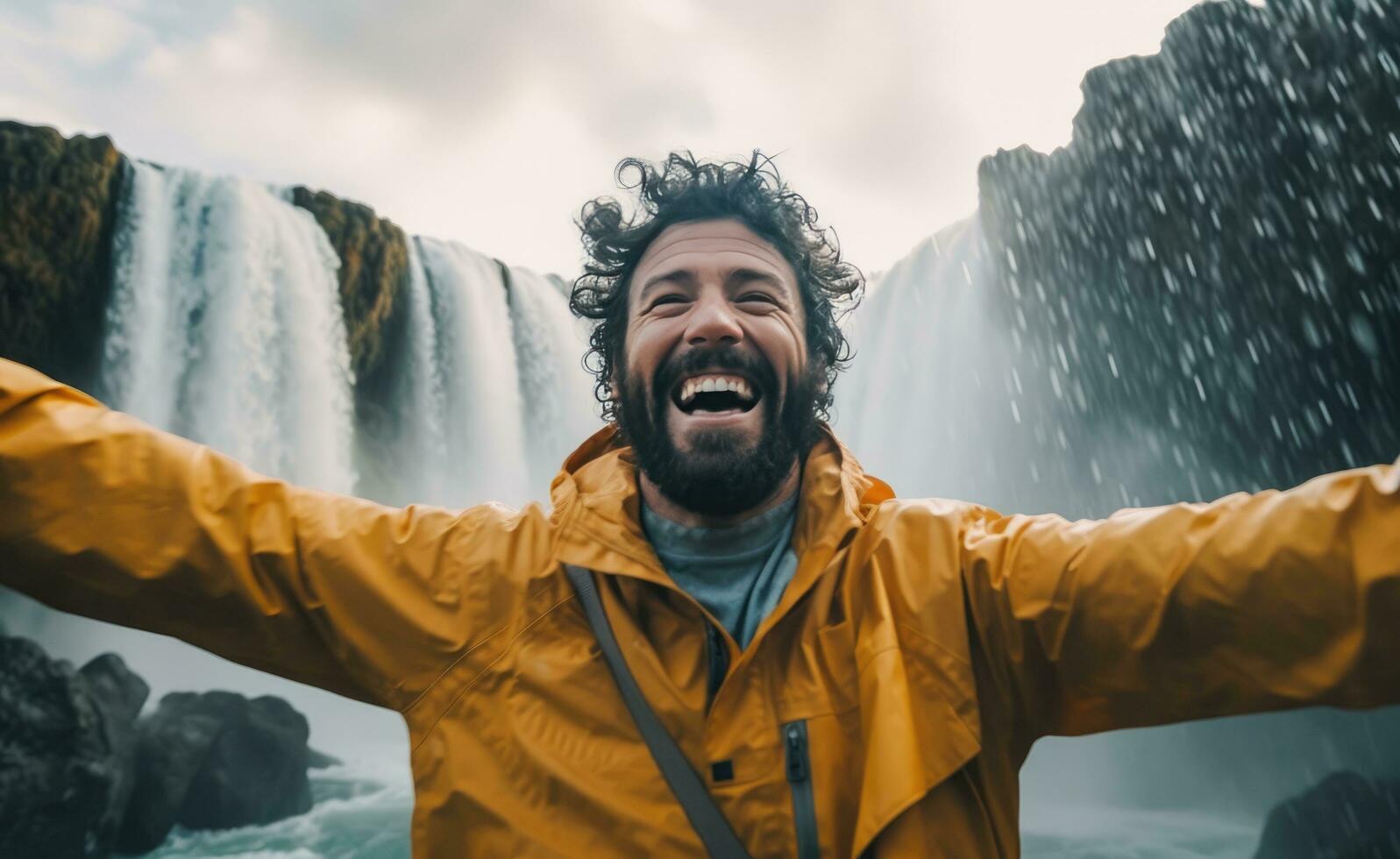 ai generado un hombre en pie en frente de un cascada por él mismo foto