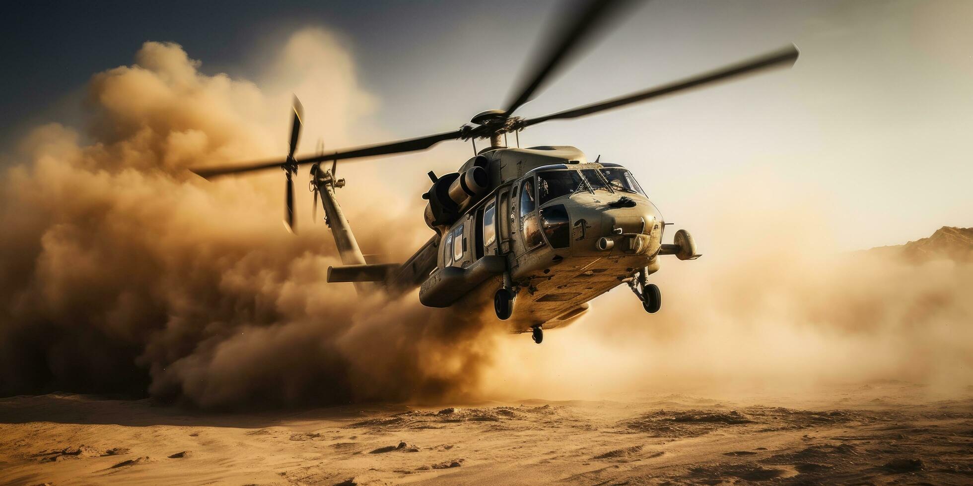 AI generated a military helicopter flying over the sand photo