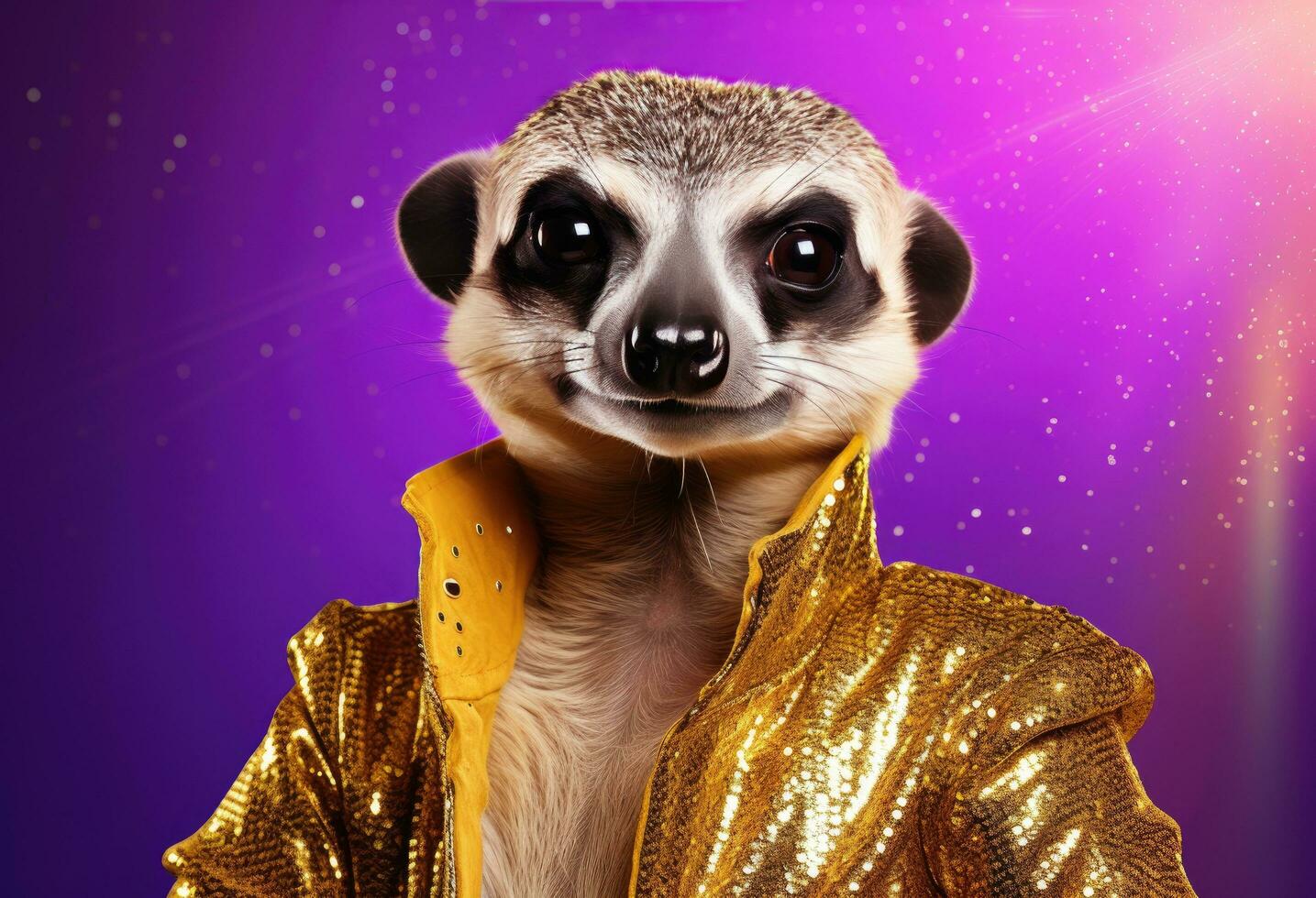 ai generado un suricata en un amarillo y púrpura atuendo foto