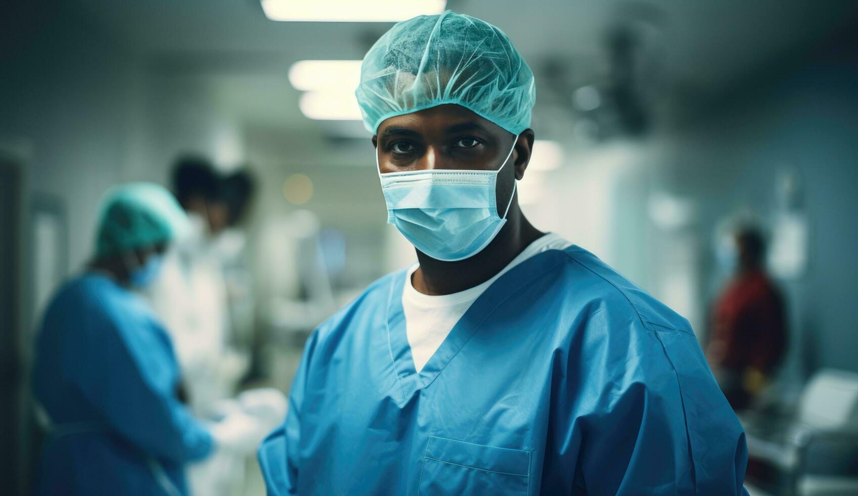 ai generado un masculino médico en un quirúrgico uniforme con un ayudante en el antecedentes foto