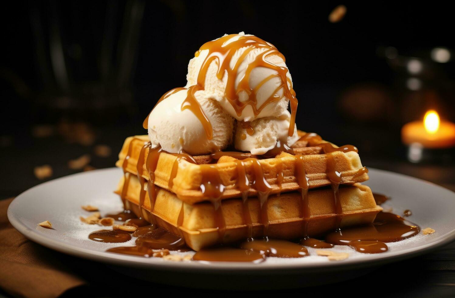 AI generated a dish of tshaped waffles with caramel and vanilla ice cream photo