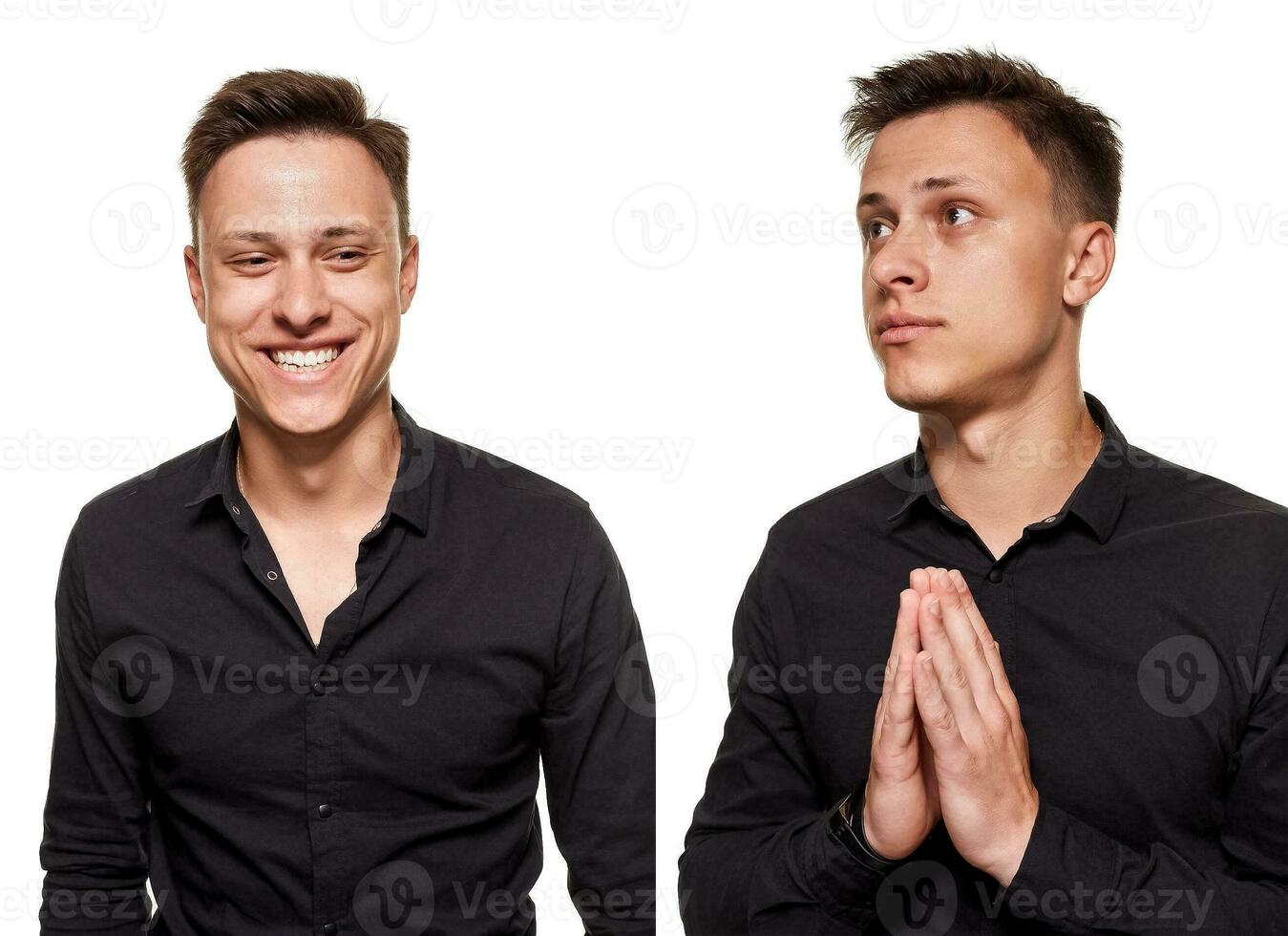 elegante joven hombre posando y mirando a el cámara, aislado en un blanco antecedentes foto