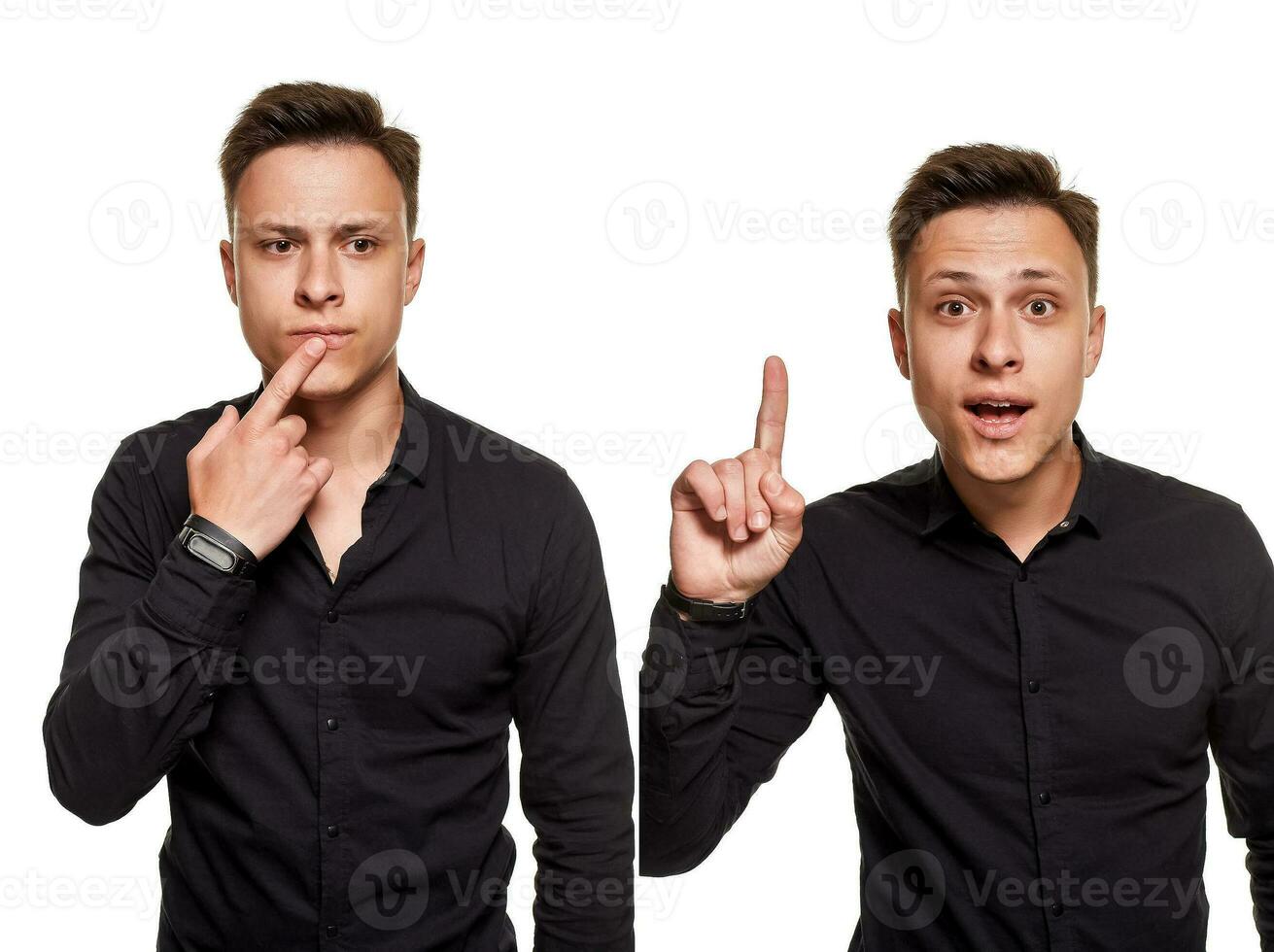 elegante joven hombre posando y mirando a el cámara, aislado en un blanco antecedentes foto