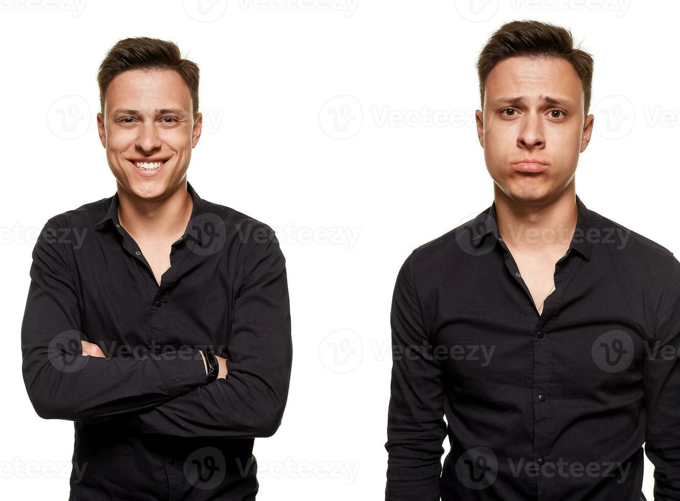 elegante joven hombre posando y mirando a el cámara, aislado en un blanco antecedentes foto