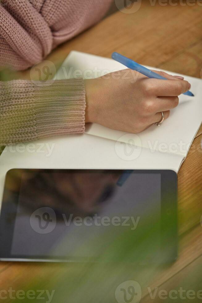 Model in pink cardigan. She is holding a blue pen, sitting at wooden table with a tablet, notebook and green flower on it. Student, blogger. Close-up photo