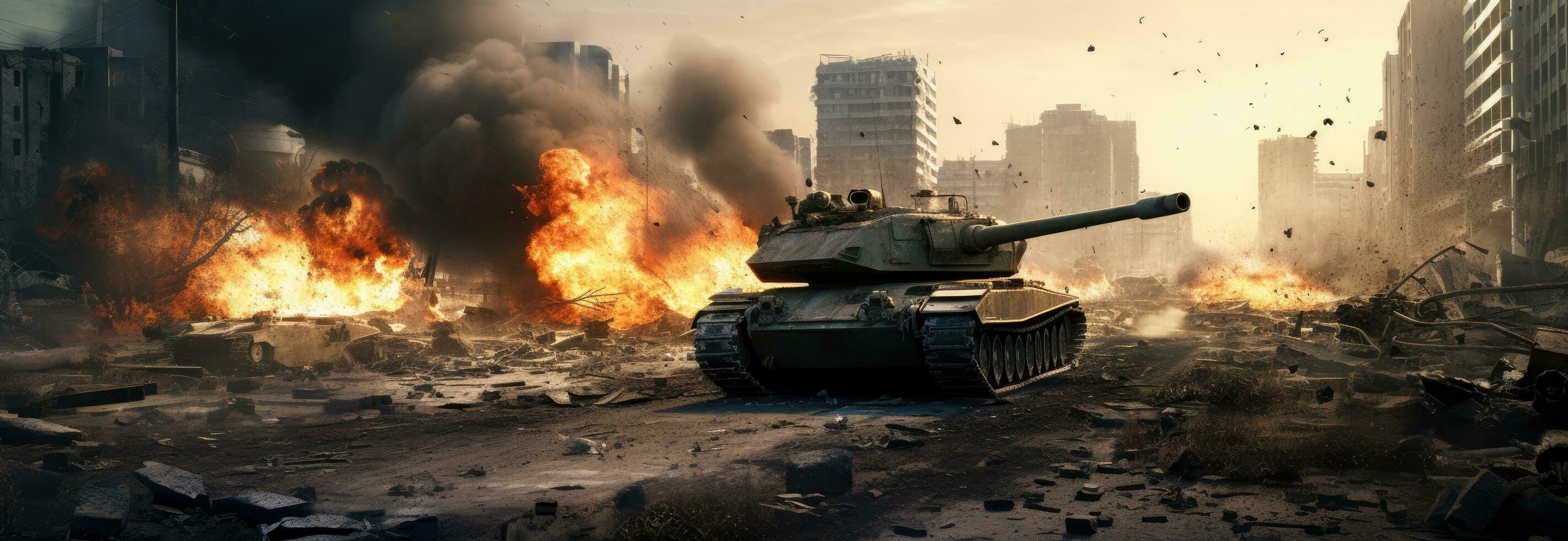 AI generated a tank drives on a city with buildings photo