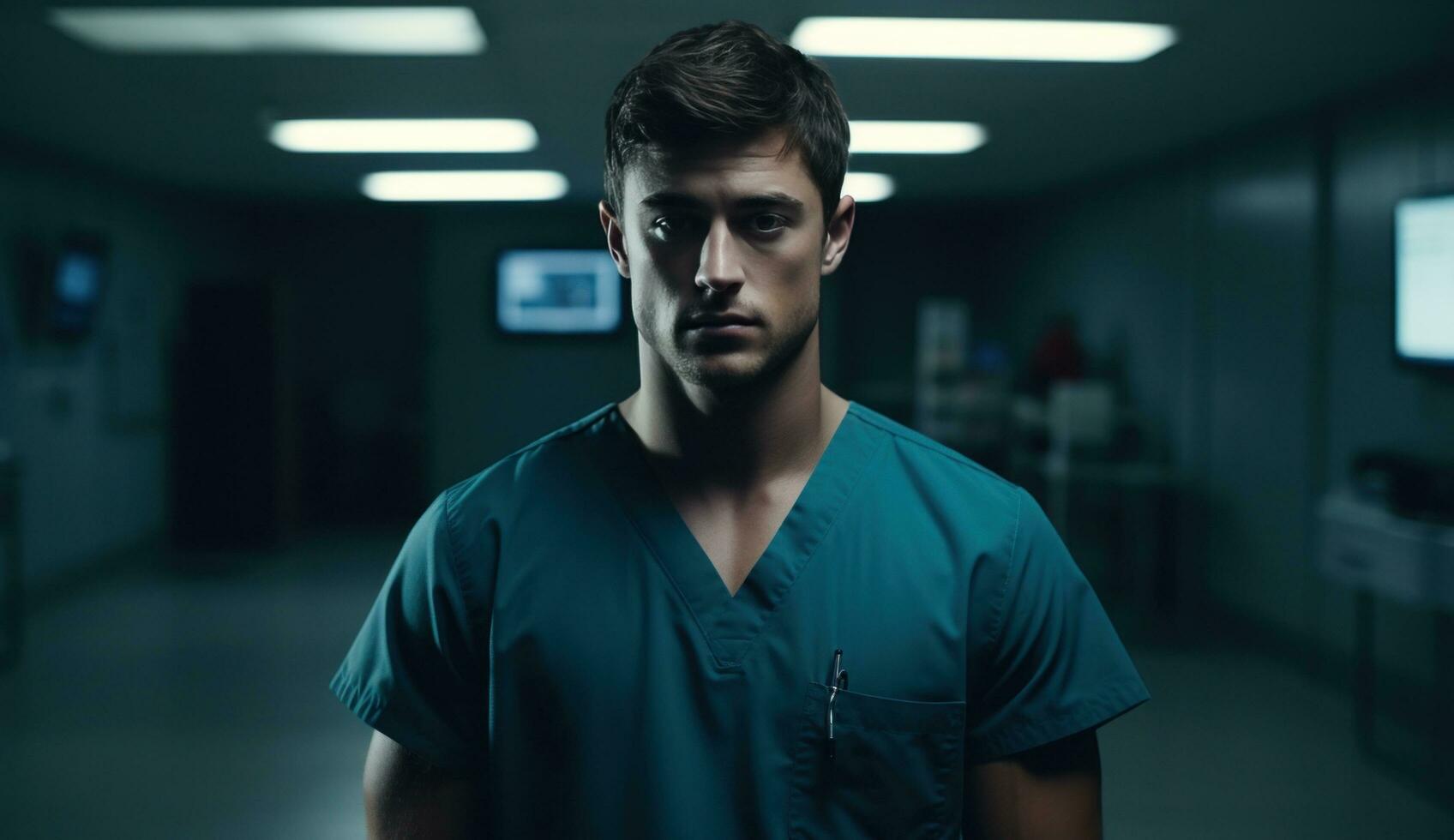 AI generated a young human dressed in scrubs standing in a room photo