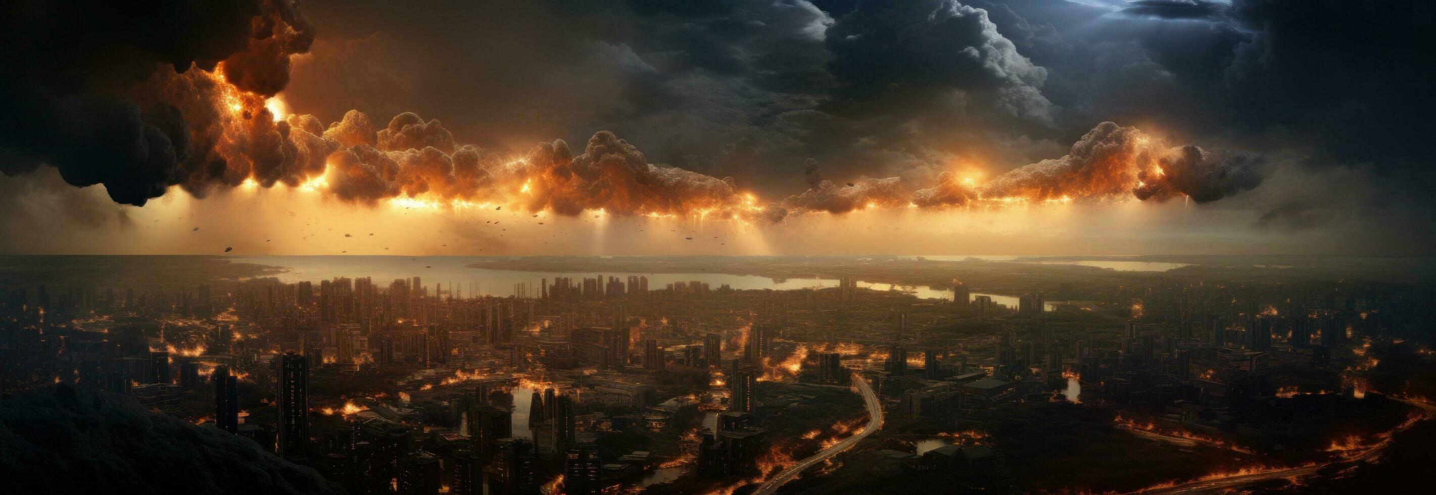 ai generado un atómico explosión es en el cielo terminado un ciudad foto