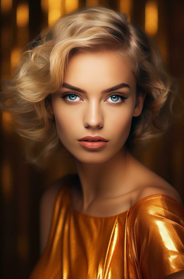 AI generated a woman wearing a golden dress photo