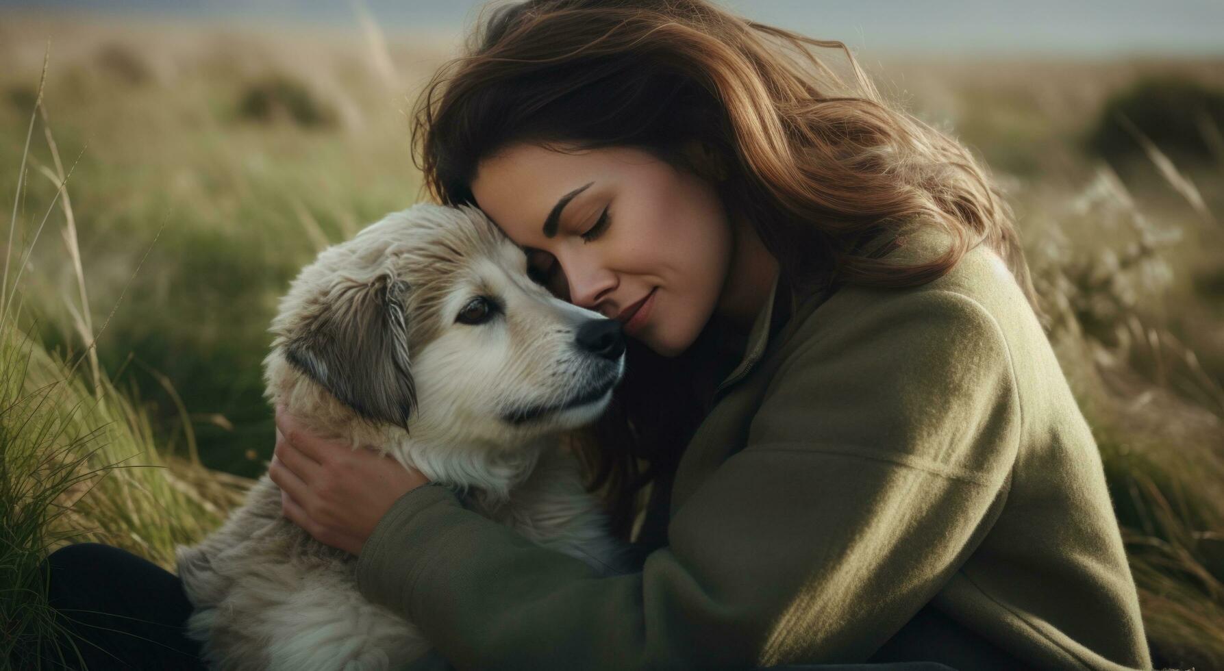 AI generated a woman hugging her dog on a green field photo