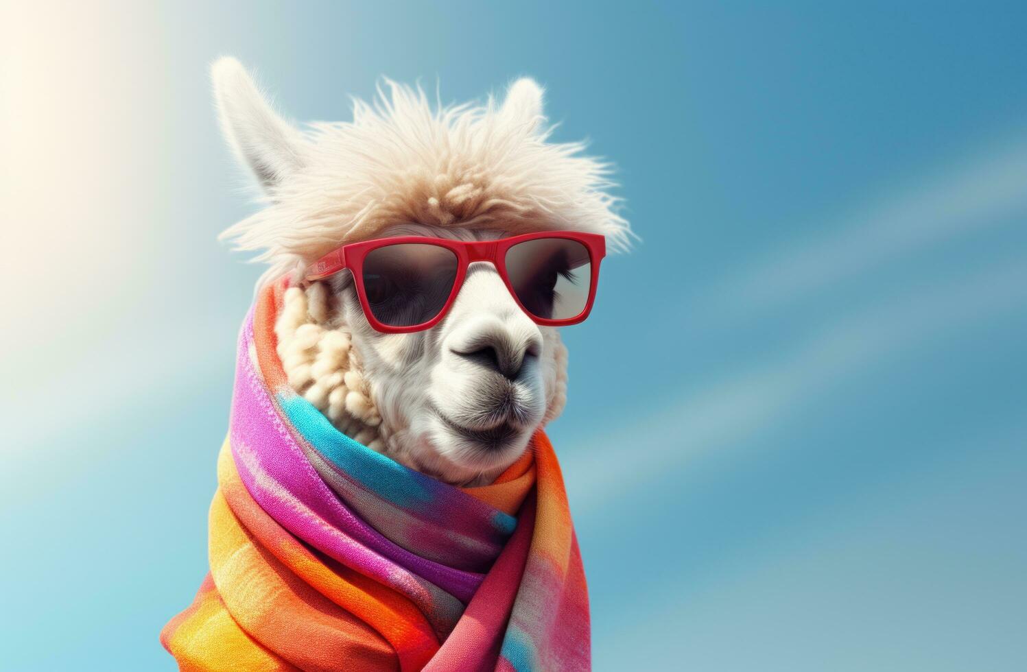 AI generated alpaca wearing sunglasses playing with a scarf photo