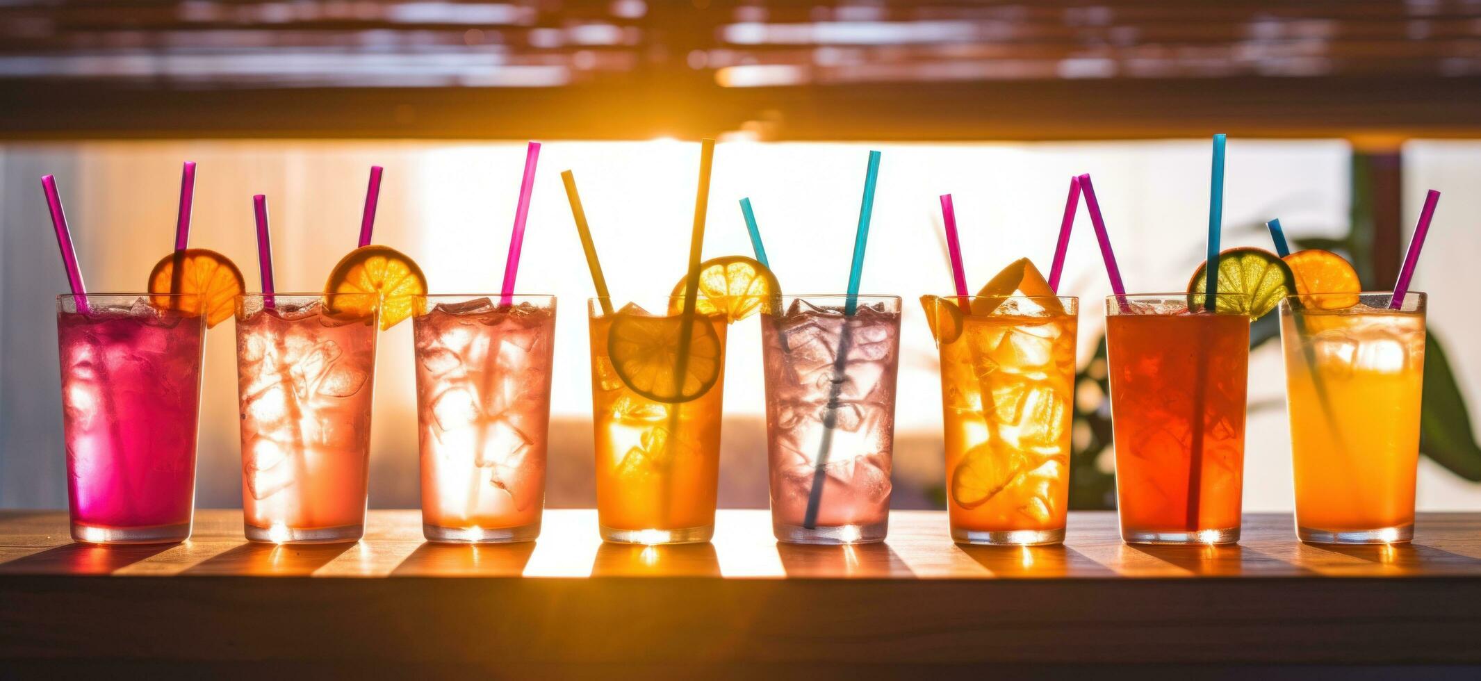 AI generated line up of iced drinks with straws in small cups photo
