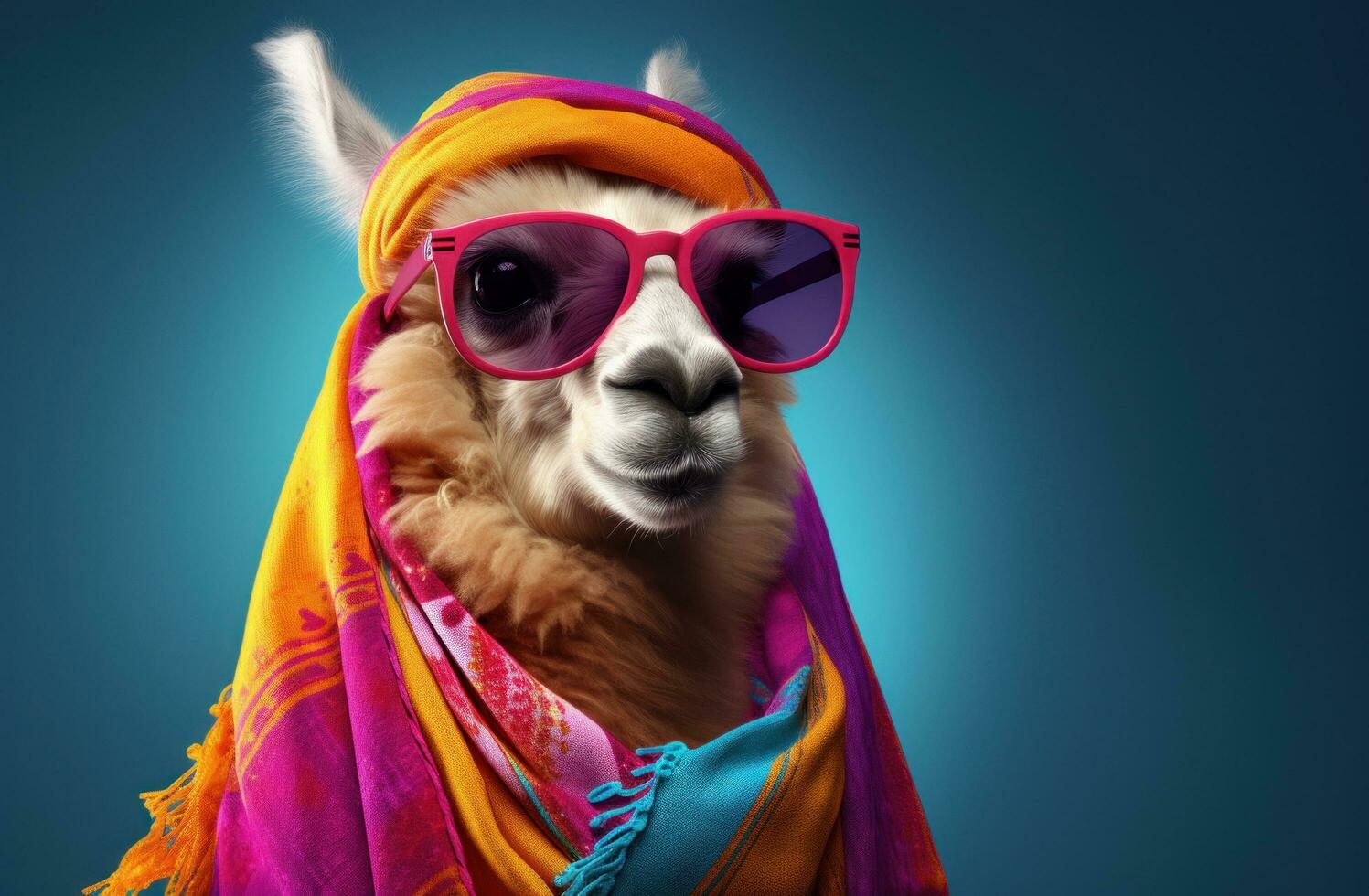 AI generated alpaca wearing sunglasses playing with a scarf photo