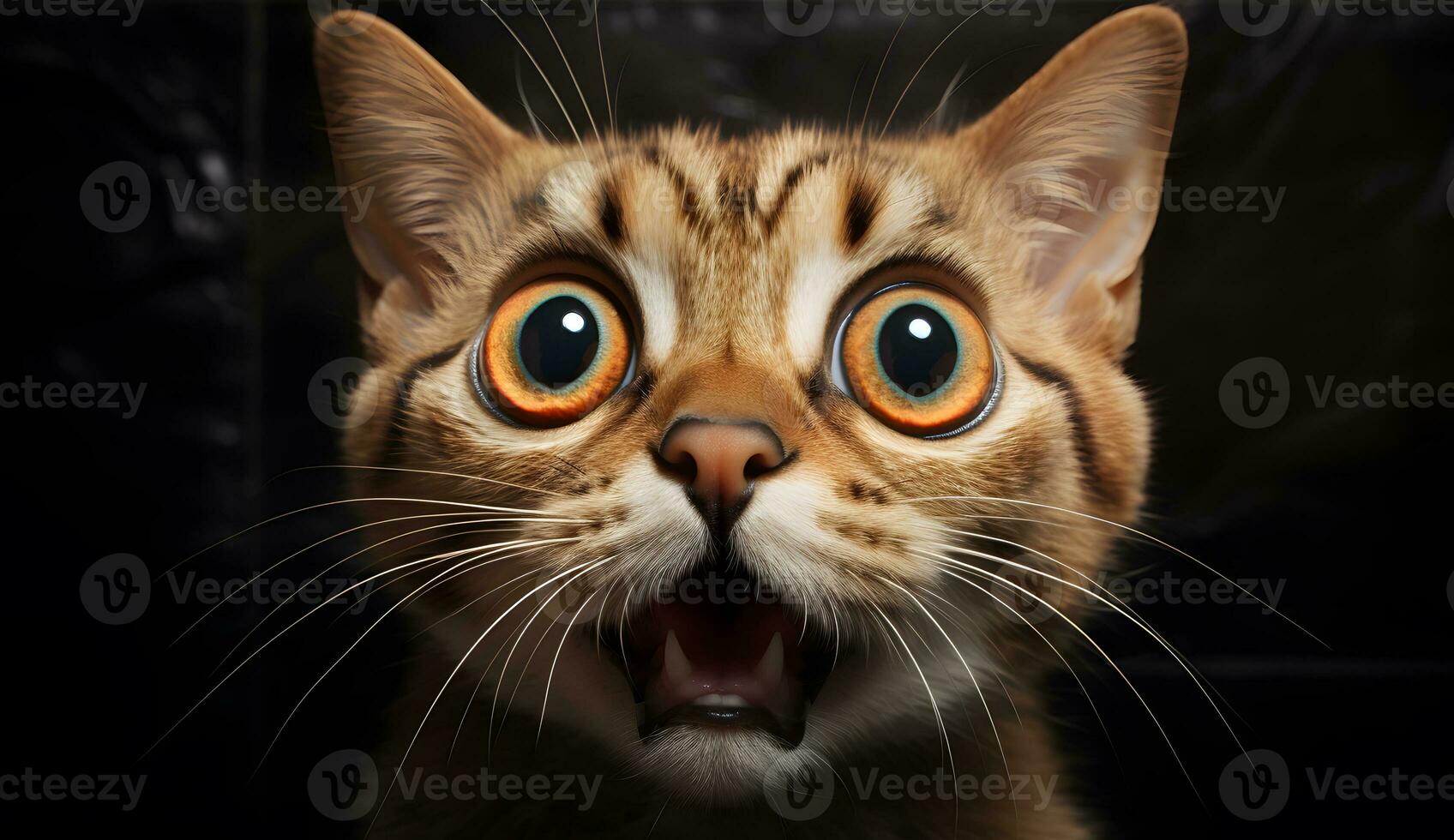 AI generated Funny bengal cat with big eyes on a black background photo