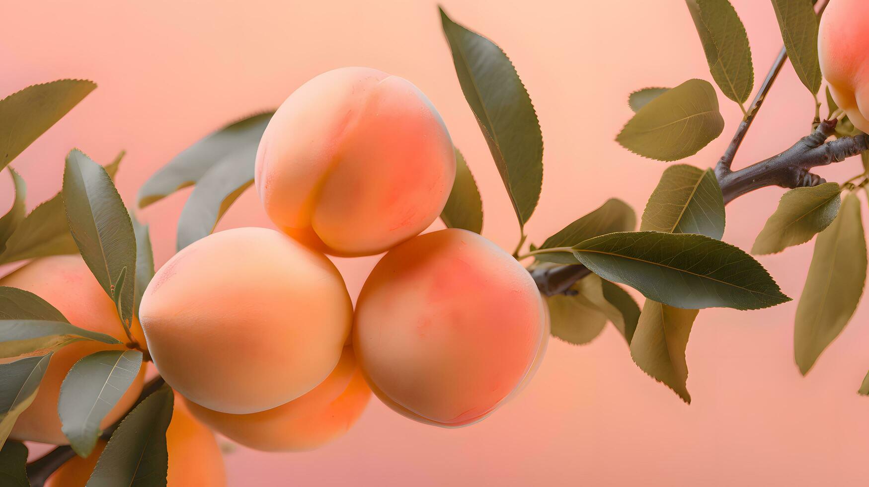 AI generated Apricots on a tree branch with leaves on a pink background. peach fuzz color of the year 2024 photo