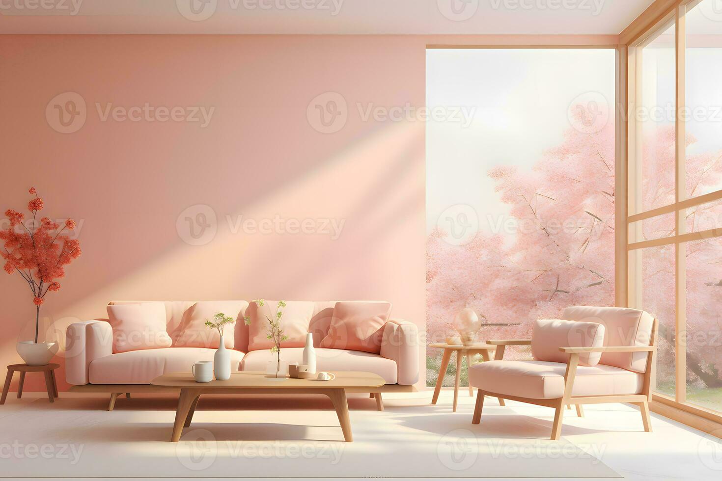 AI generated interior of modern living room with peach fuzz color of the year 2024 photo