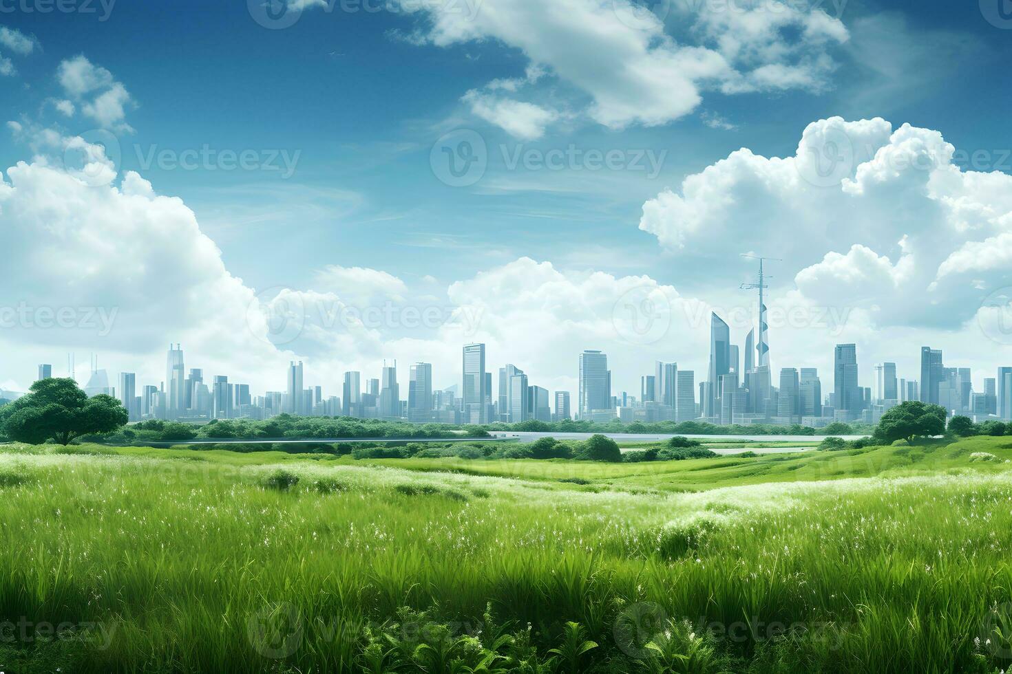 AI generated Green meadow and skyscrapers nature landscape background photo