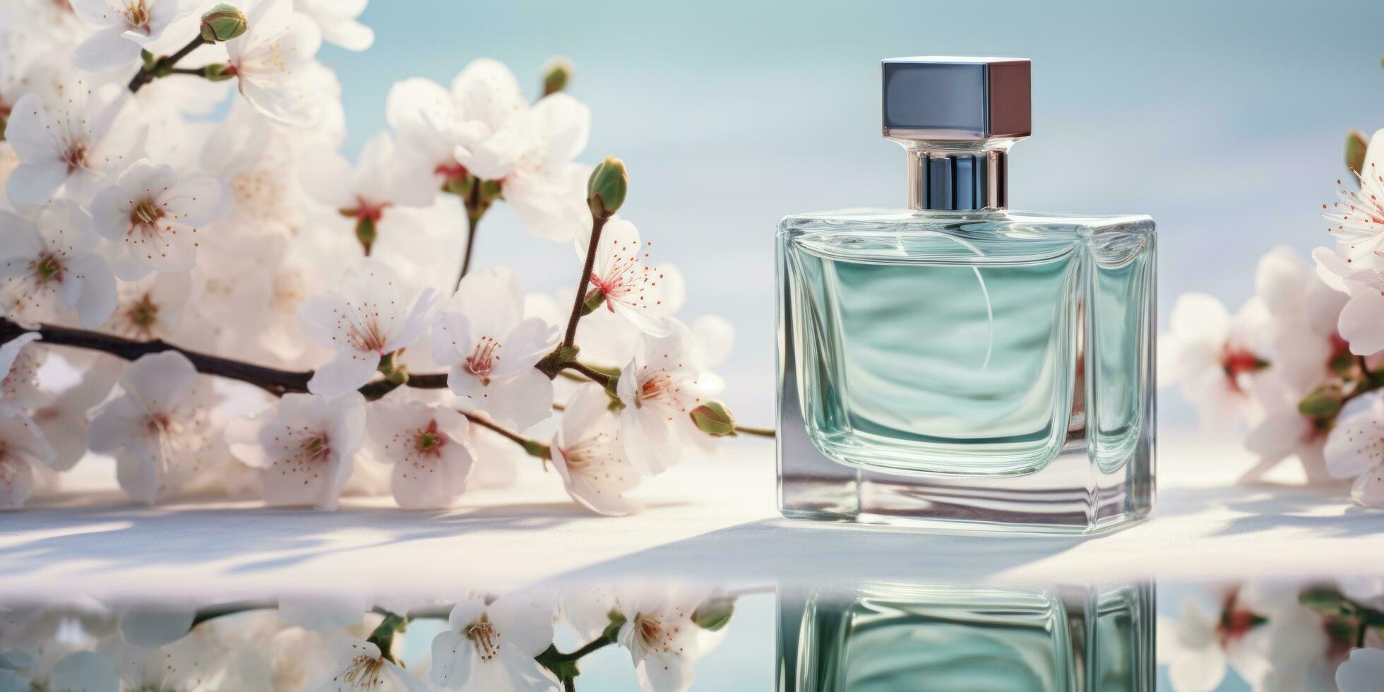 ai generado perfume botellas en el reflexión de Cereza flores rodeado foto