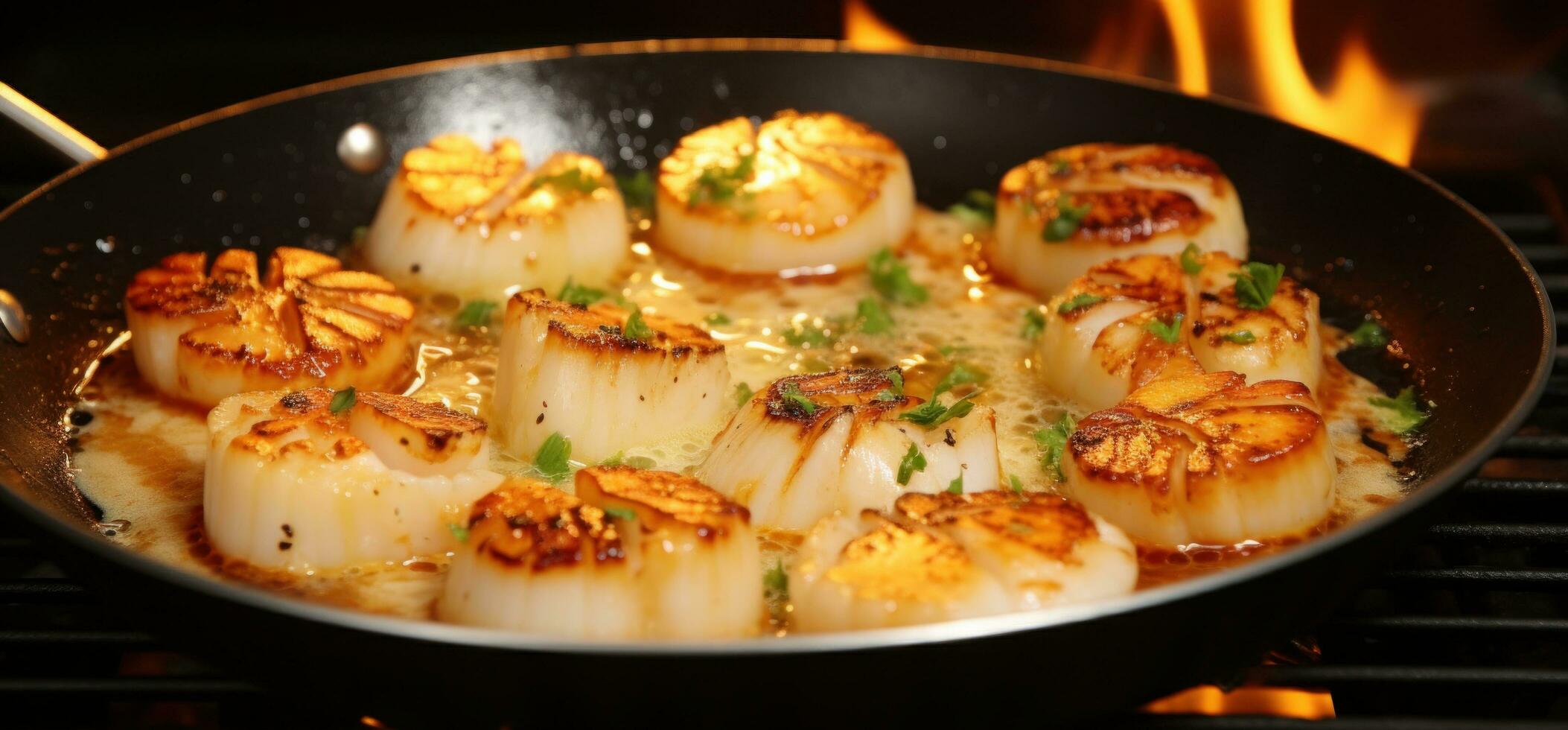 AI generated scallops with garlic sauce on a stove top photo