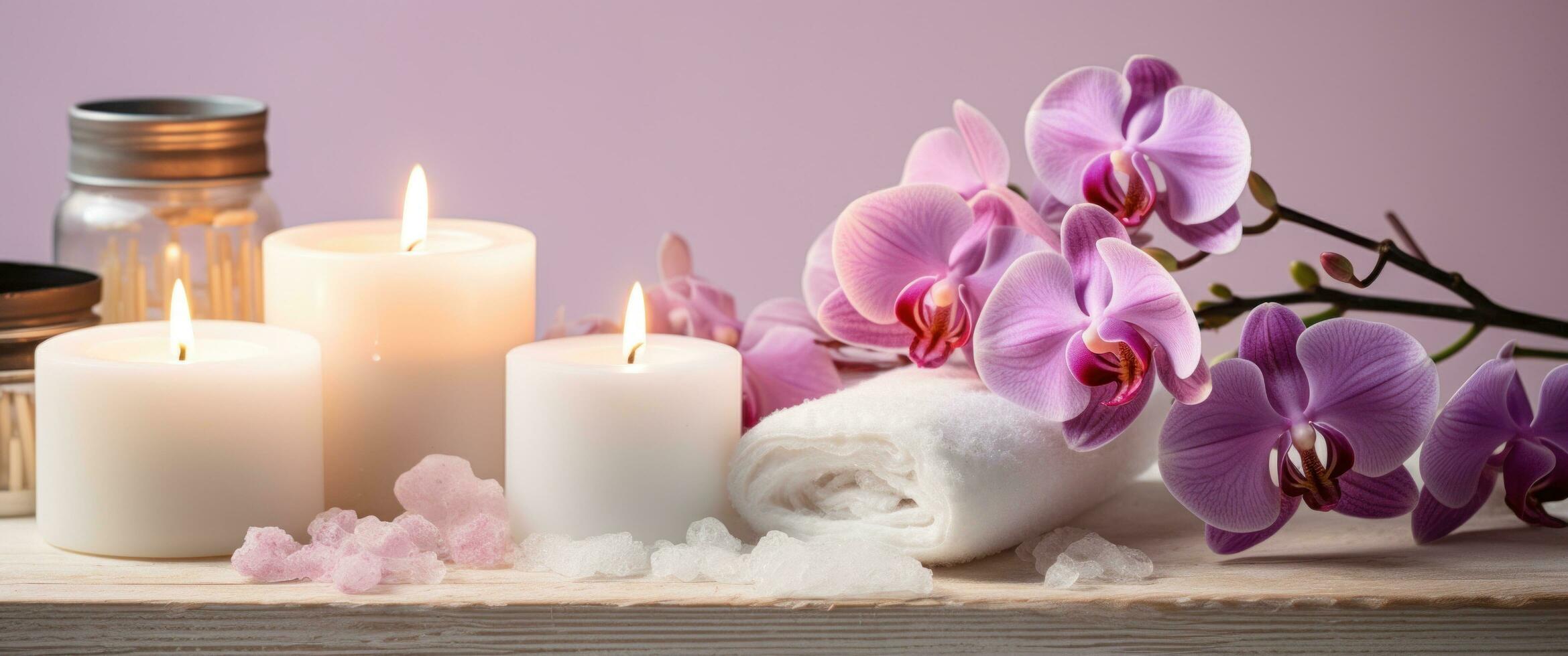 AI generated pink orchids, white soap, candles on a table photo