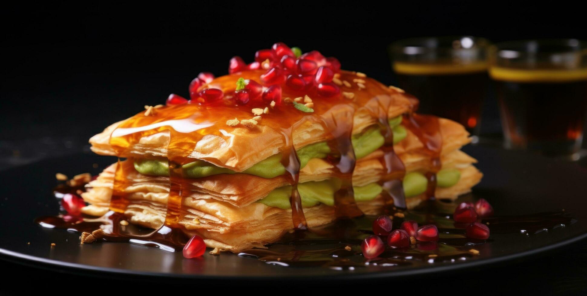 ai generado Disparo de pasteles como bien como granada jarabe terminado un negro mesa foto