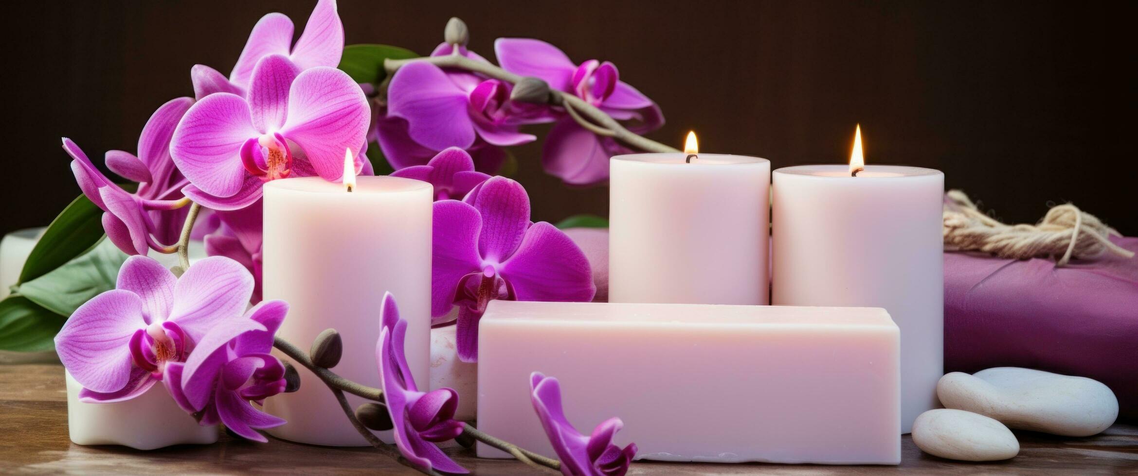 ai generado rosado orquideas, blanco jabón, velas en un mesa foto