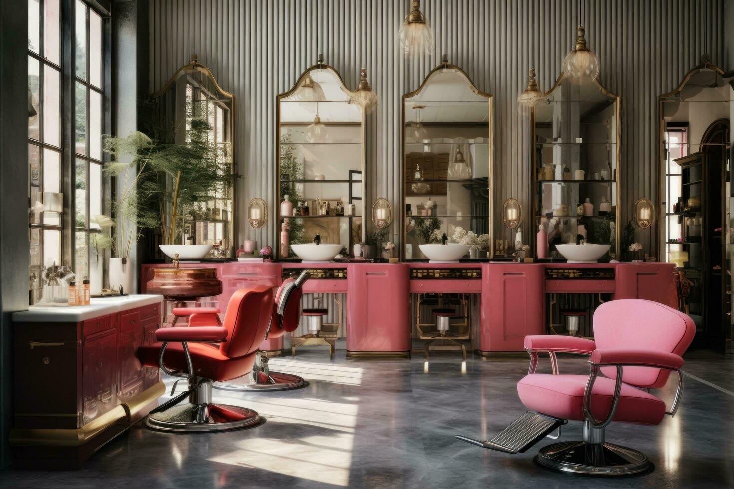 AI generated the hair salon with many tools, with a pink chair and chairs photo