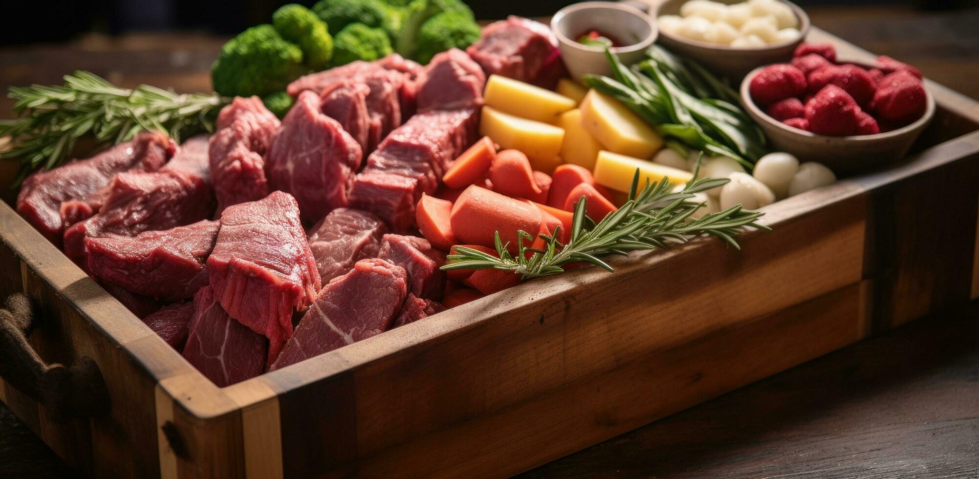 AI generated meat and vegetables in wooden tray photo