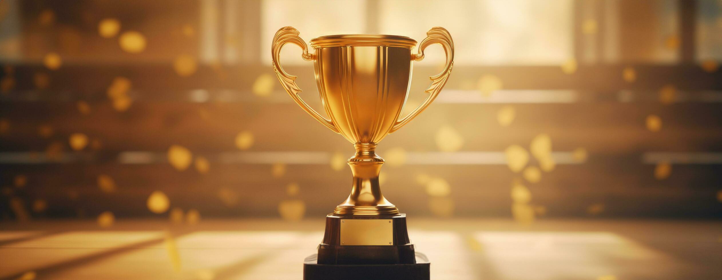 AI generated a golden trophy is on gold foil on a wooden background photo