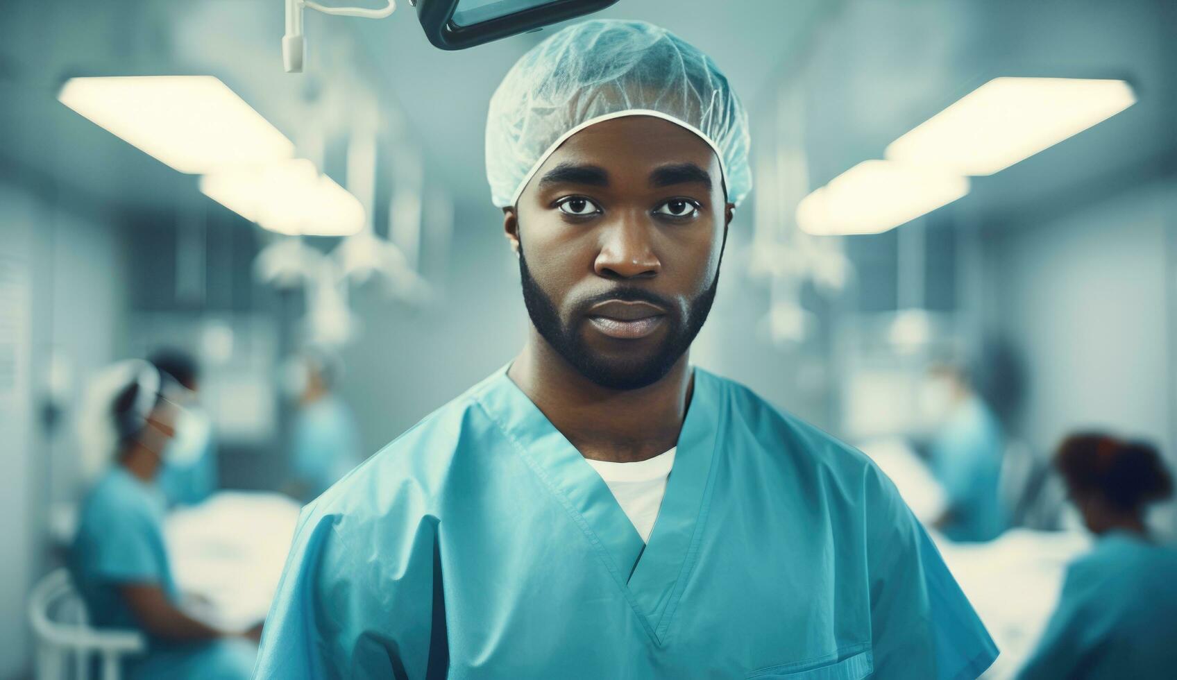 ai generado un masculino médico en un quirúrgico uniforme con un ayudante en el antecedentes foto