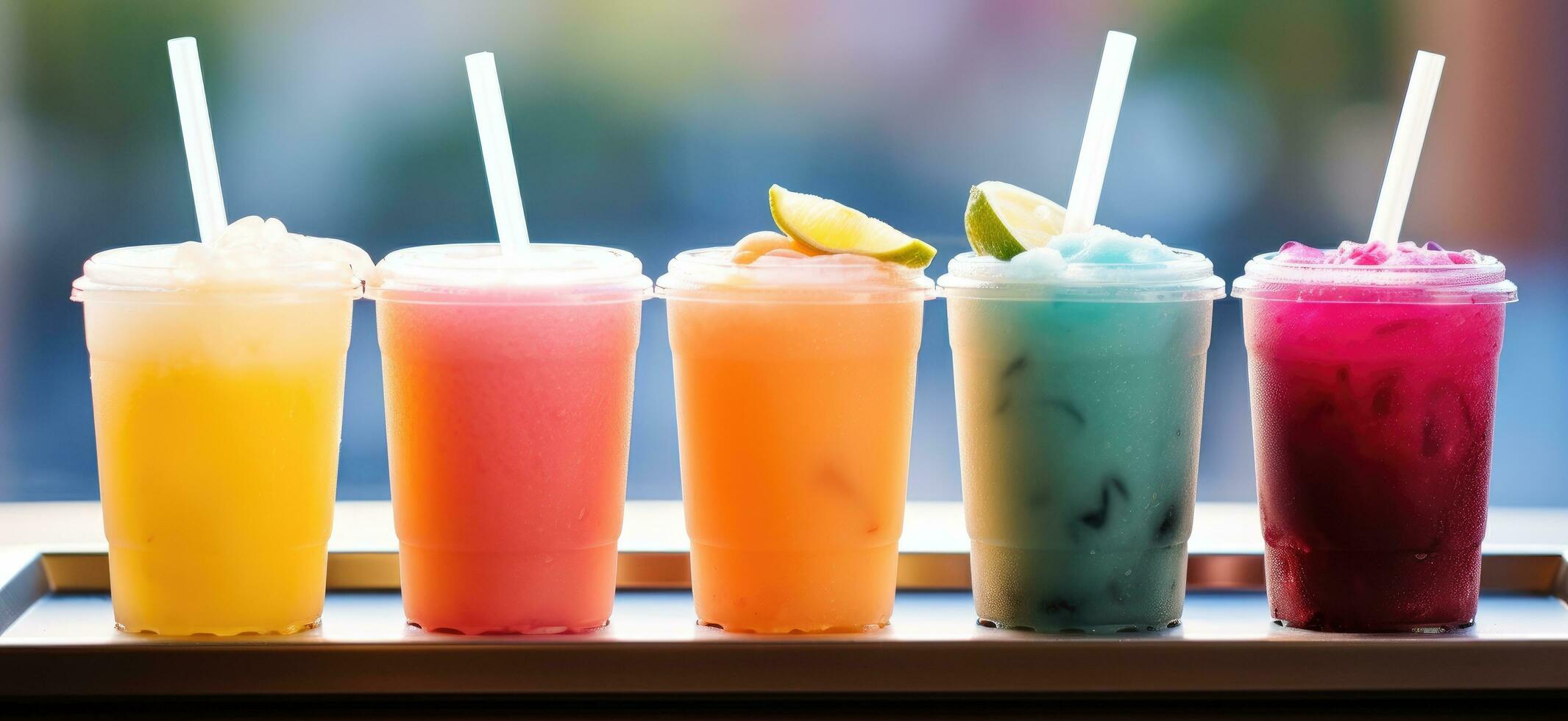 AI generated a selection of colorful drinks sit on a tray photo