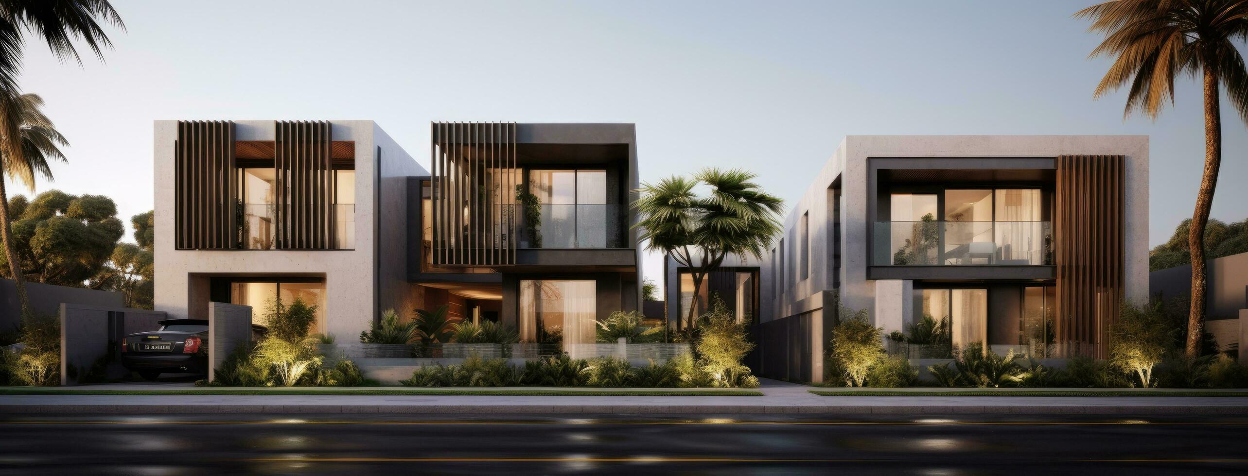AI generated a street filled with modern houses in an urban area photo
