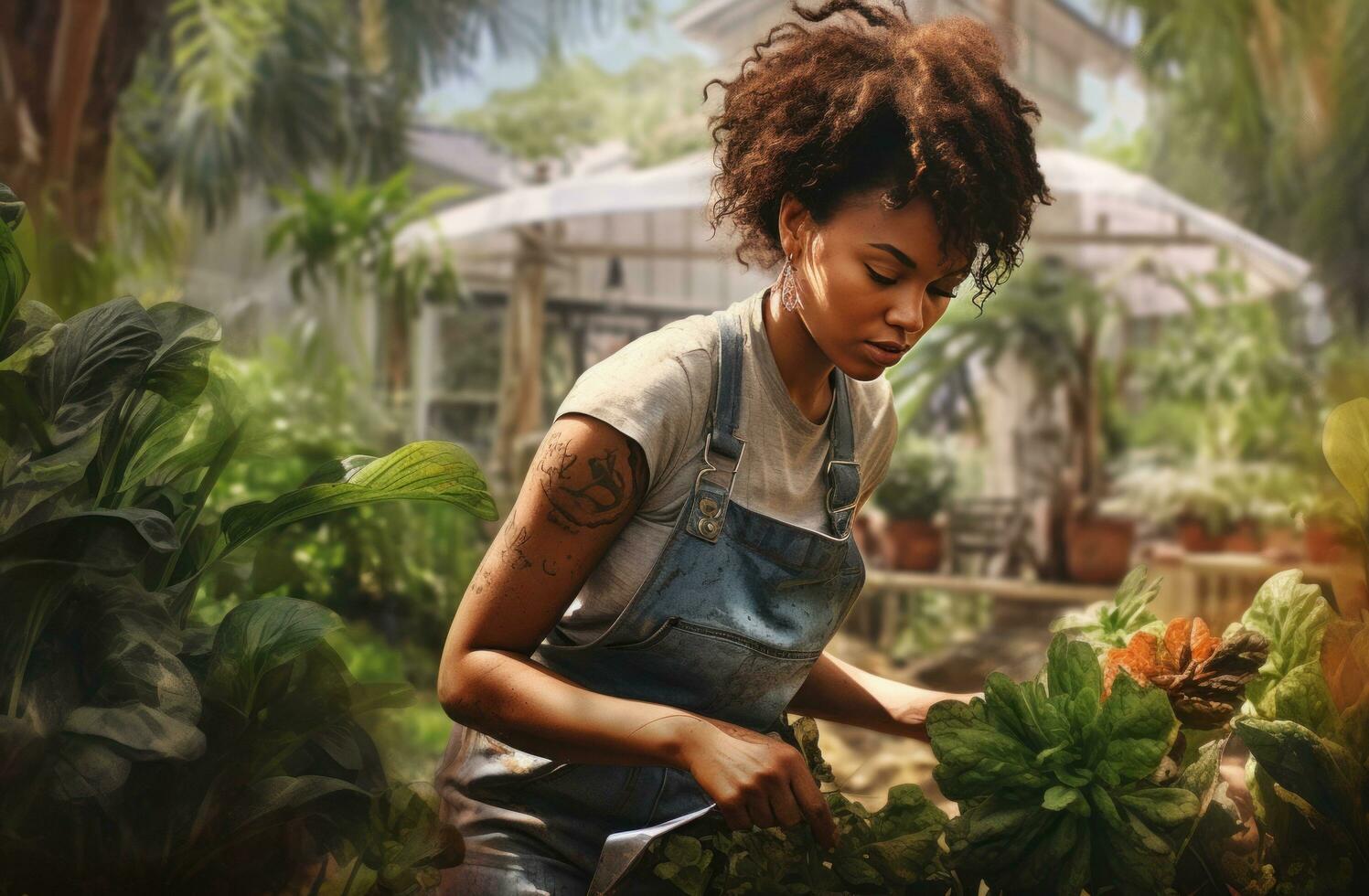 AI generated a woman in overalls working in their garden photo