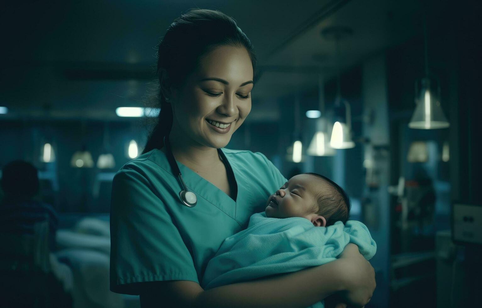 AI generated a nurse wearing scrubs holding a baby under her arms photo
