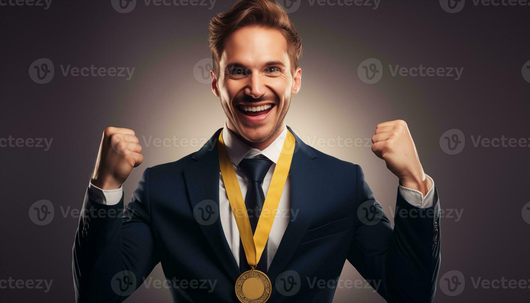 ai generado contento empresario vistiendo un oro medalla. negocio concepto foto