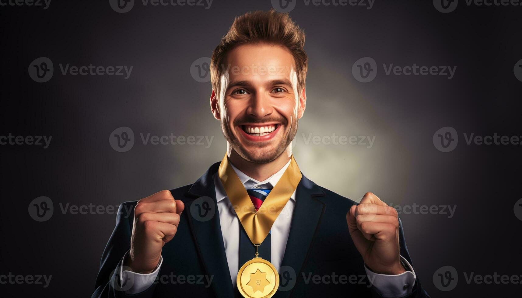 ai generado contento empresario vistiendo un oro medalla. negocio concepto foto