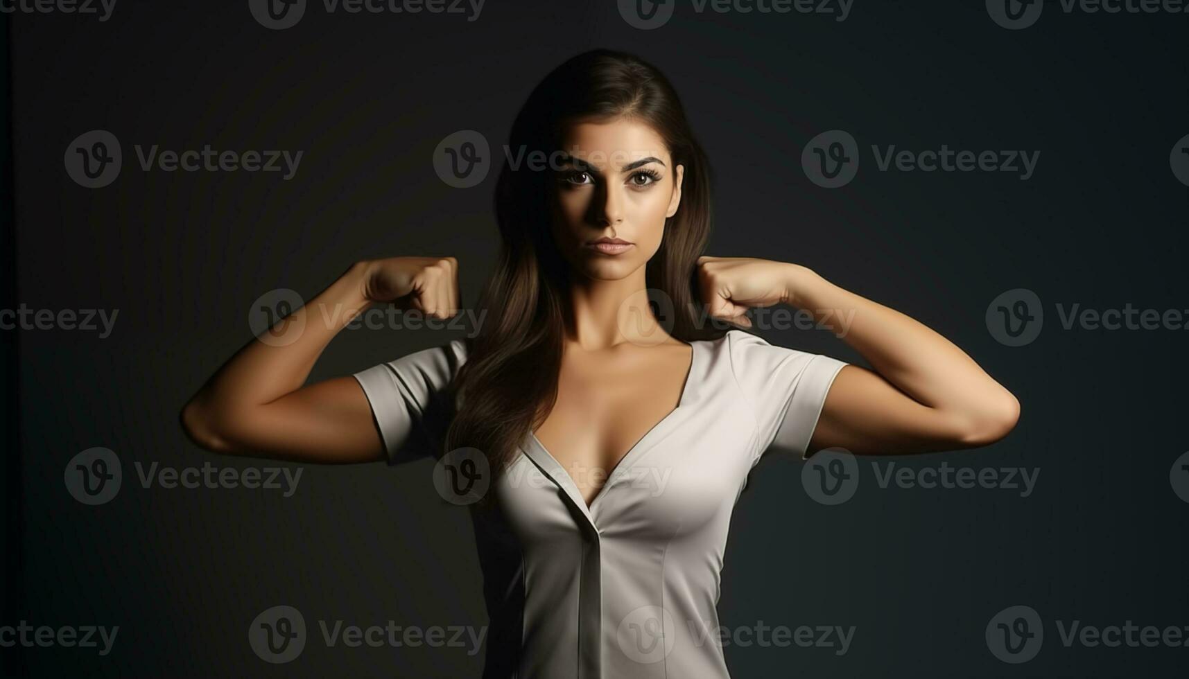 AI generated confident businesswoman with muscle arms photo