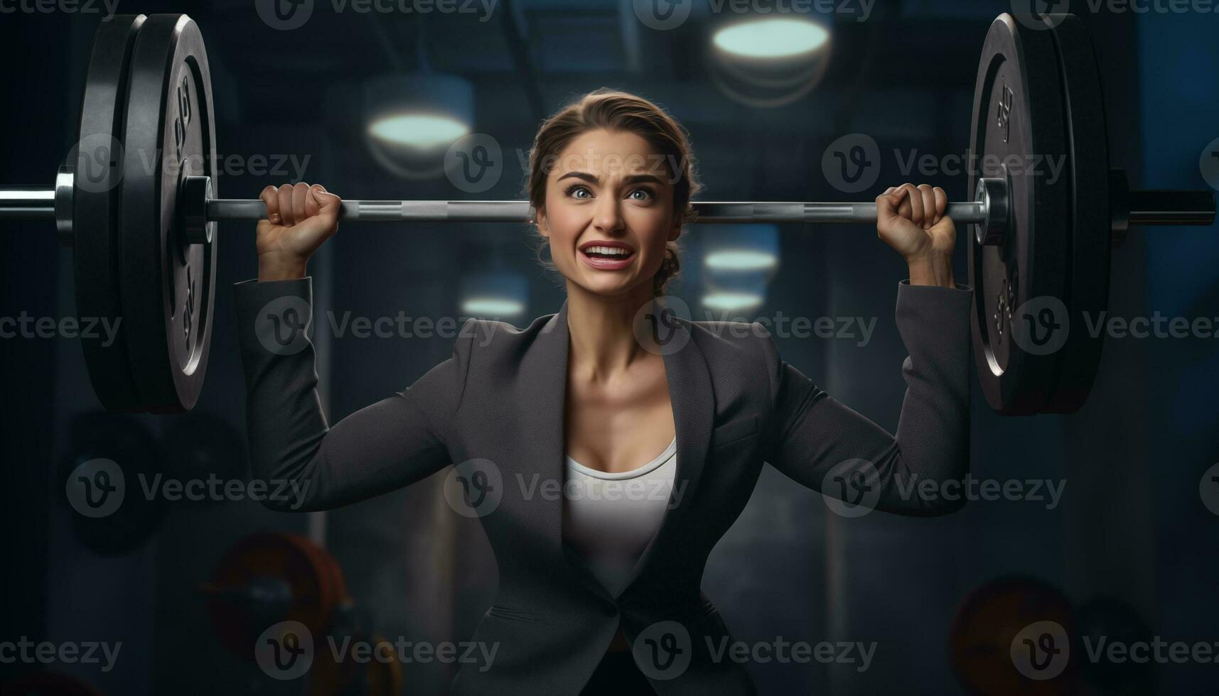 AI generated strong businesswoman weightlifting photo