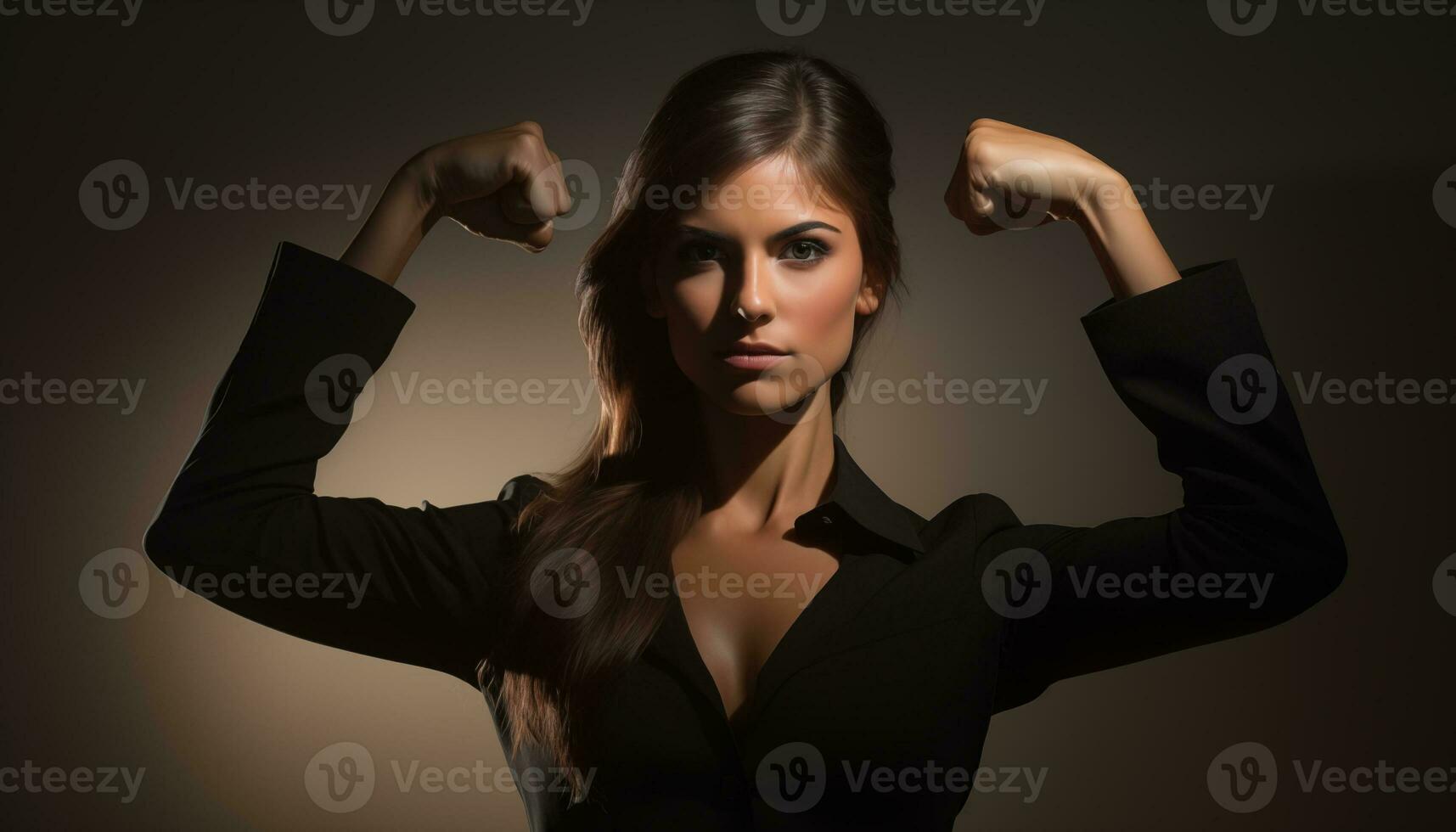 ai generado confidente mujer de negocios con músculo brazos foto