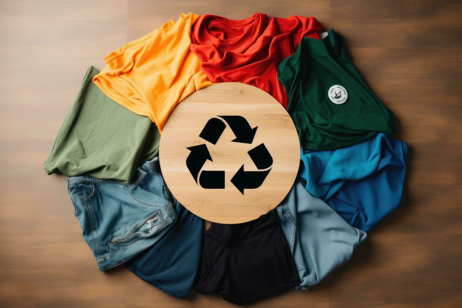 ai generado reciclaje símbolo en de madera mesa con vistoso camisetas, un vistoso circulo de ropa con un logo simbolizando reciclaje, cero desperdiciar, y reutilizar concepto, ai generado foto