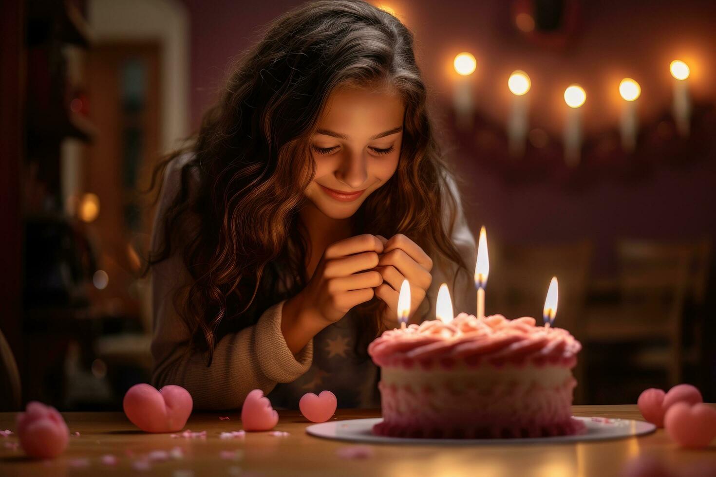 AI generated Young woman blowing out candles on birthday cake in room decorated with hearts, A girl making a heart gesture and blowing a candle on a cake at home, AI Generated photo