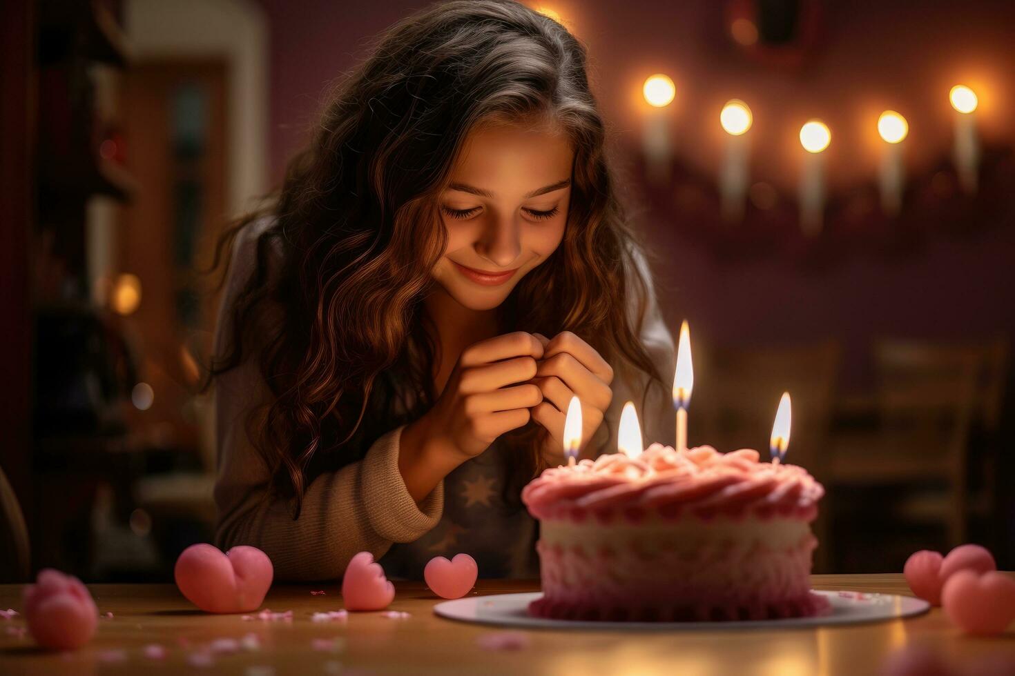 ai generado joven mujer soplo fuera velas en cumpleaños pastel en habitación decorado con corazones, un niña haciendo un corazón gesto y soplo un vela en un pastel a hogar, ai generado foto