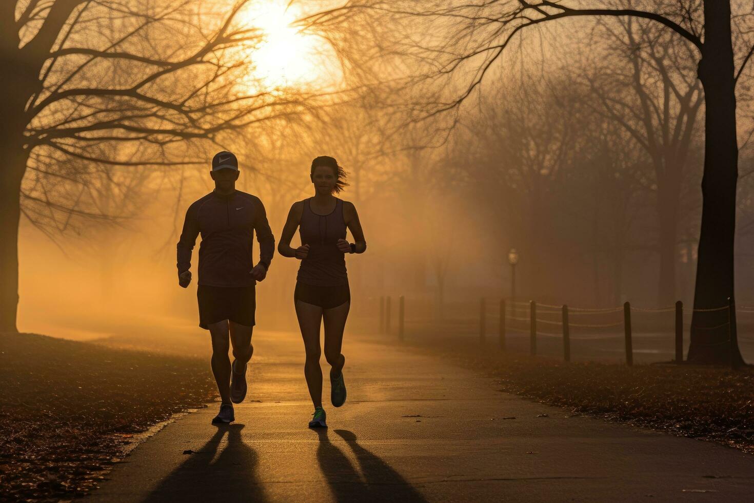 ai generado joven Pareja trotar en el parque a amanecer. sano estilo de vida, un confidente mujer de negocios entregando un corporativo presentación a un seminario o conferencia, ai generado foto